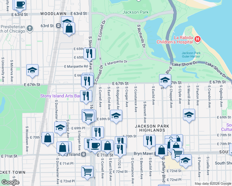map of restaurants, bars, coffee shops, grocery stores, and more near 6745 South East End Avenue in Chicago