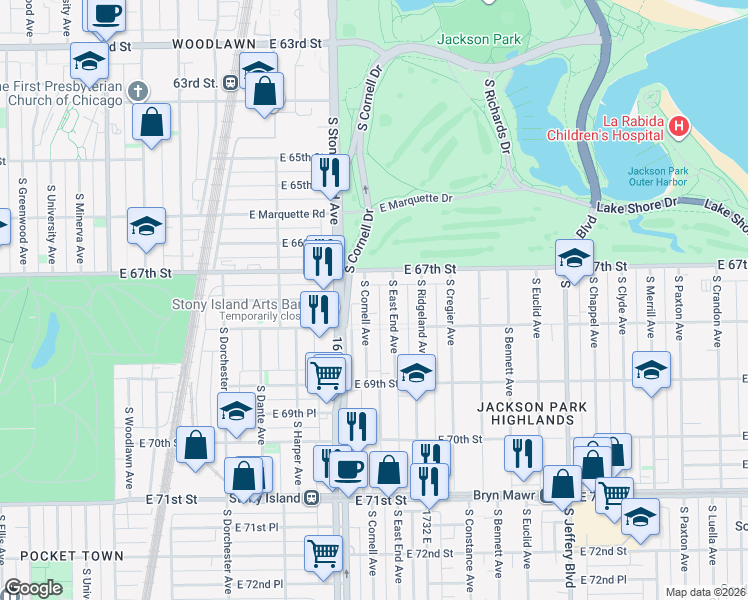 map of restaurants, bars, coffee shops, grocery stores, and more near 6738 South Cornell Avenue in Chicago
