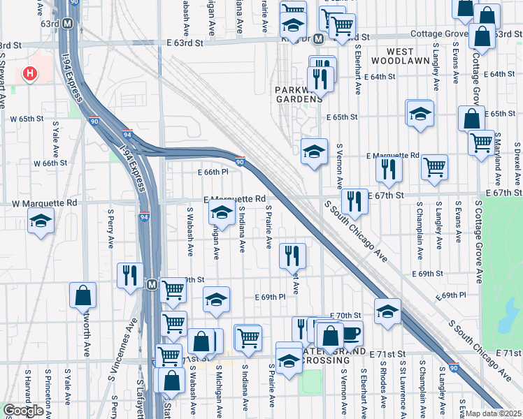 map of restaurants, bars, coffee shops, grocery stores, and more near 6727 South Indiana Avenue in Chicago
