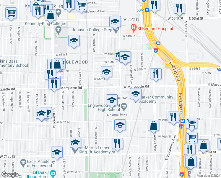 map of restaurants, bars, coffee shops, grocery stores, and more near 426 West Normal Parkway in Chicago