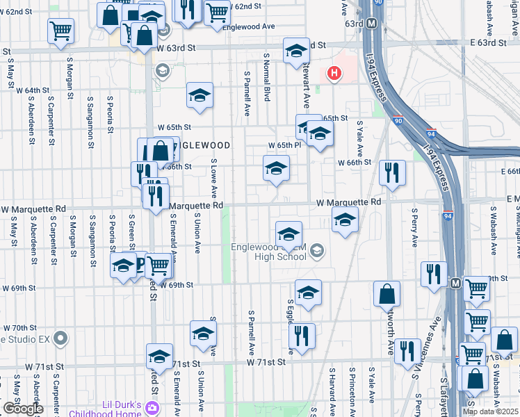 map of restaurants, bars, coffee shops, grocery stores, and more near 6716 South Normal Boulevard in Chicago
