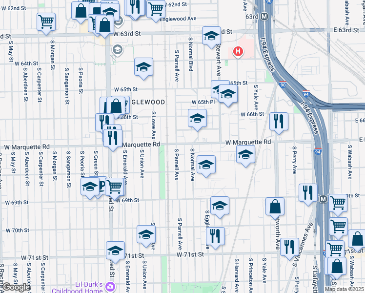 map of restaurants, bars, coffee shops, grocery stores, and more near 6716 South Normal Boulevard in Chicago