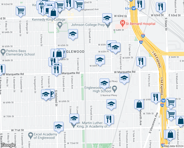 map of restaurants, bars, coffee shops, grocery stores, and more near 6716 South Parnell Avenue in Chicago