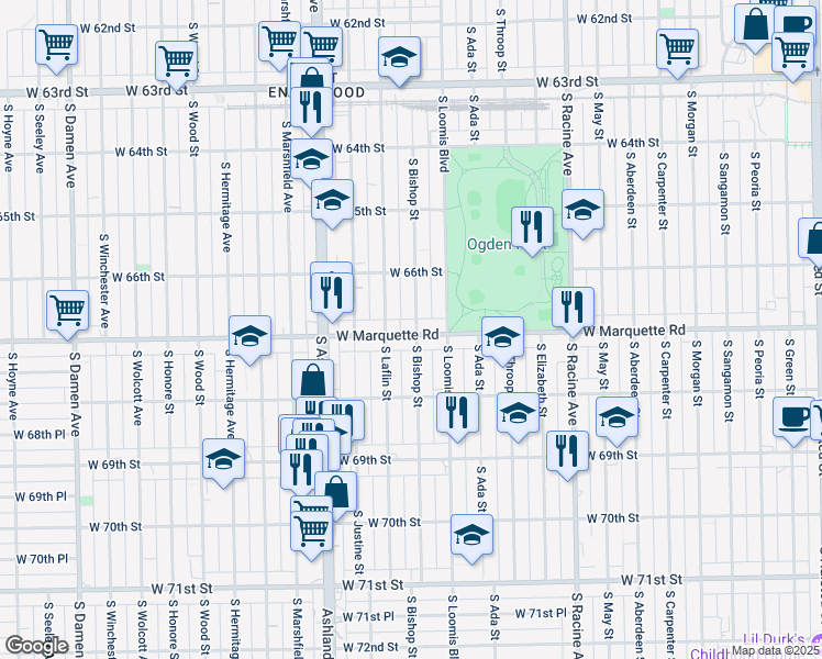 map of restaurants, bars, coffee shops, grocery stores, and more near 1419 West Marquette Road in Chicago