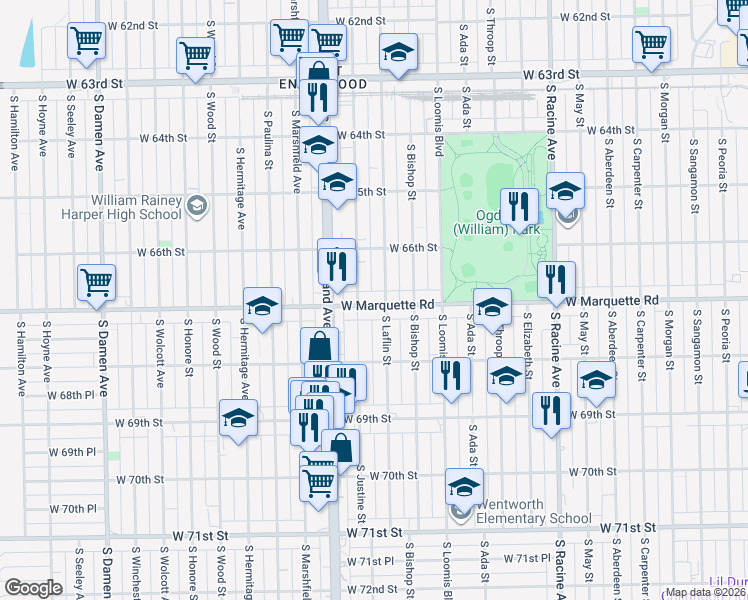 map of restaurants, bars, coffee shops, grocery stores, and more near 1457 West Marquette Road in Chicago