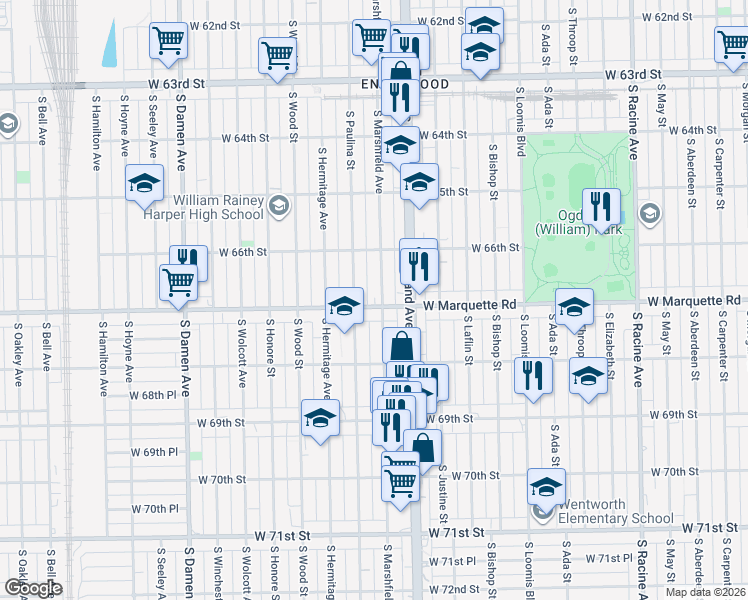 map of restaurants, bars, coffee shops, grocery stores, and more near 1653 West Marquette Road in Chicago