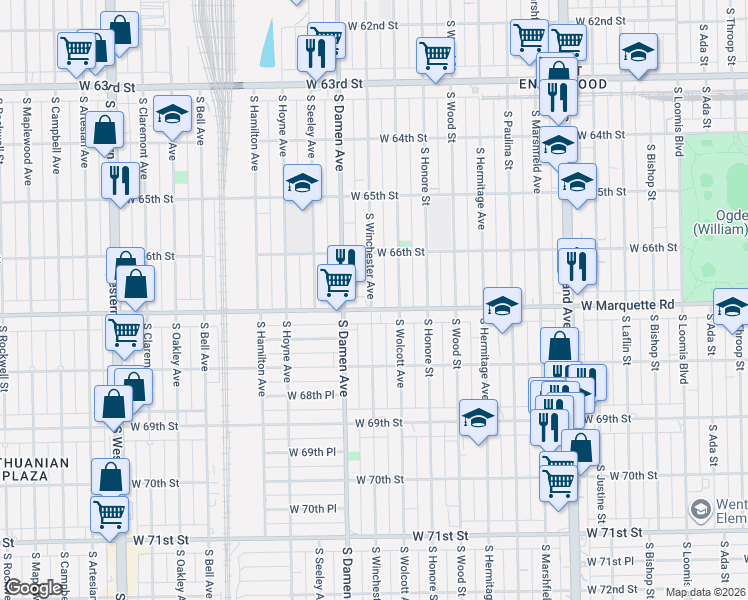 map of restaurants, bars, coffee shops, grocery stores, and more near 1917 West Marquette Road in Chicago