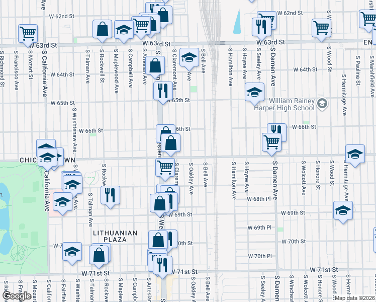 map of restaurants, bars, coffee shops, grocery stores, and more near 6648 South Oakley Avenue in Chicago