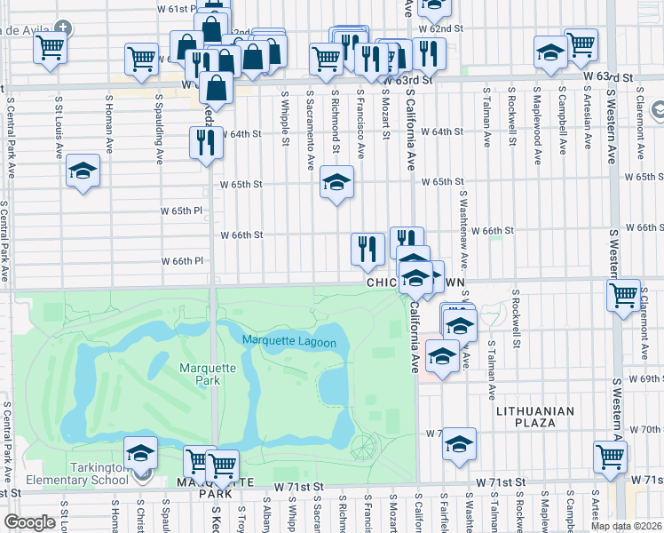 map of restaurants, bars, coffee shops, grocery stores, and more near 2946 West Marquette Road in Chicago