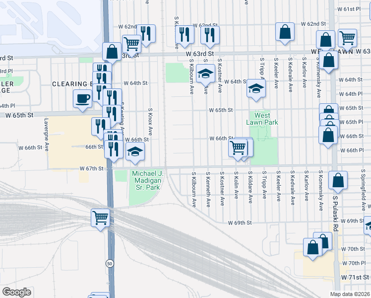 map of restaurants, bars, coffee shops, grocery stores, and more near 4501 West 66th Place in Chicago
