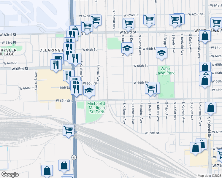 map of restaurants, bars, coffee shops, grocery stores, and more near 4543 West 66th Place in Chicago