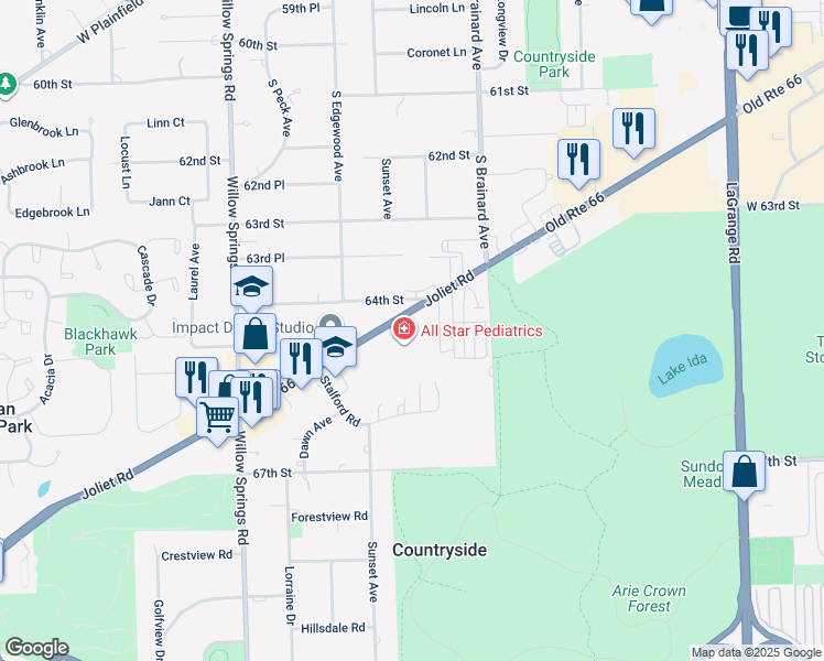 map of restaurants, bars, coffee shops, grocery stores, and more near 6406 Joliet Road in La Grange