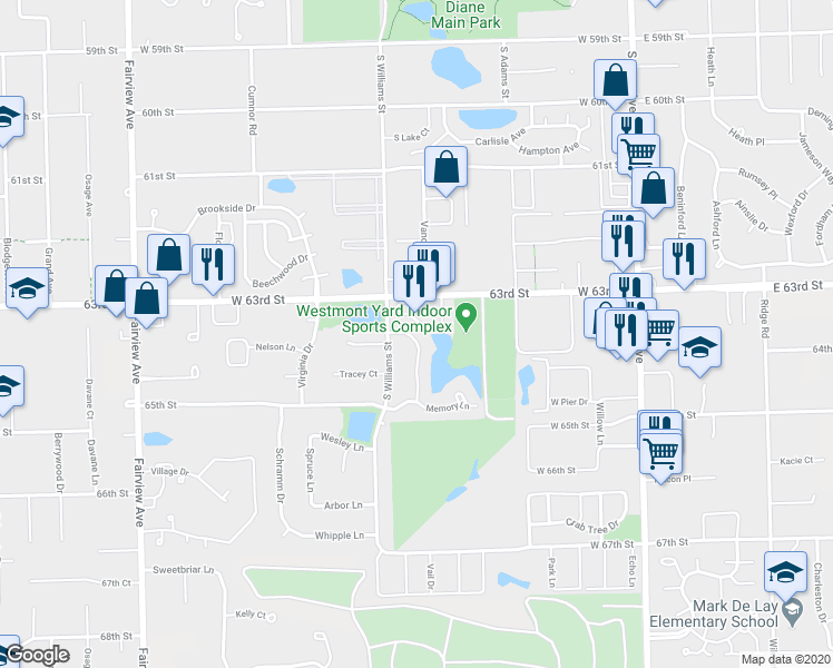 map of restaurants, bars, coffee shops, grocery stores, and more near 1237 Williams Port Drive in Westmont