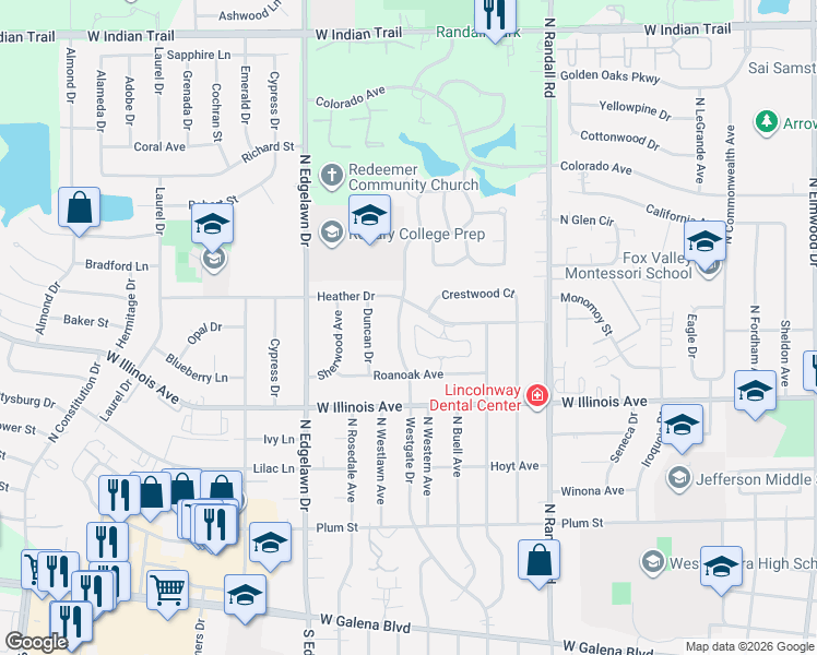 map of restaurants, bars, coffee shops, grocery stores, and more near 750 Westgate Drive in Aurora
