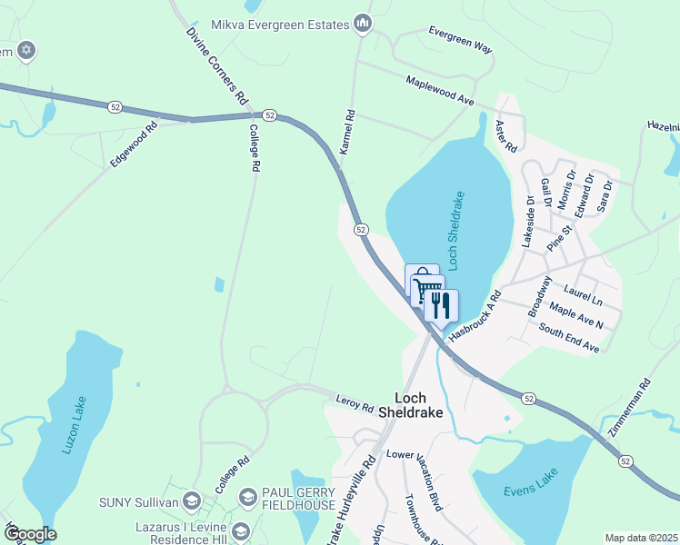 map of restaurants, bars, coffee shops, grocery stores, and more near 46 Leroy Road in Loch Sheldrake