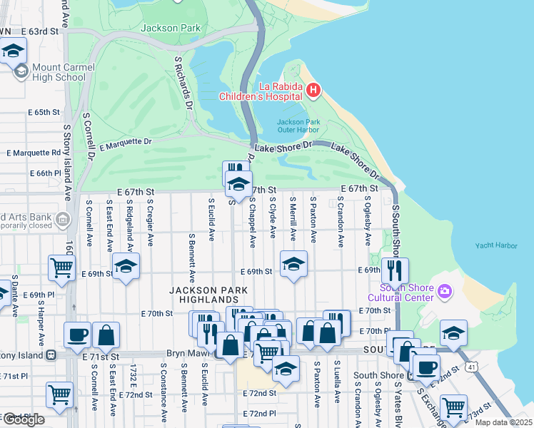 map of restaurants, bars, coffee shops, grocery stores, and more near 6734 South Clyde Avenue in Chicago