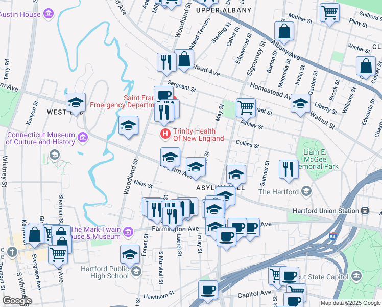 map of restaurants, bars, coffee shops, grocery stores, and more near 19 Townley Street in Hartford