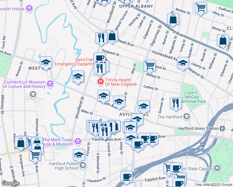 map of restaurants, bars, coffee shops, grocery stores, and more near 28-30 Townley Street in Hartford
