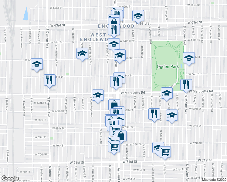 map of restaurants, bars, coffee shops, grocery stores, and more near 1600 West Marquette Road in Chicago