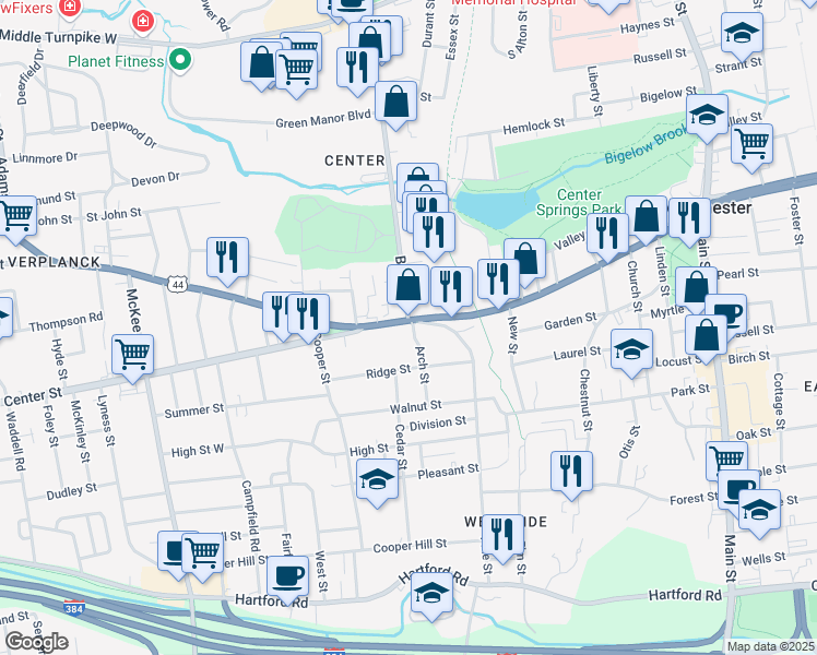 map of restaurants, bars, coffee shops, grocery stores, and more near 316 Grand Army of the Republic Highway in Manchester