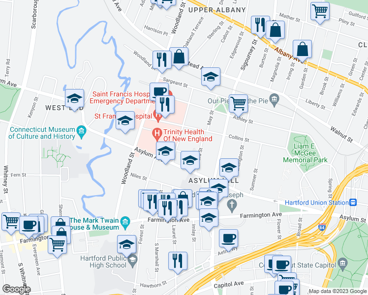 map of restaurants, bars, coffee shops, grocery stores, and more near 30 Townley Street in Hartford