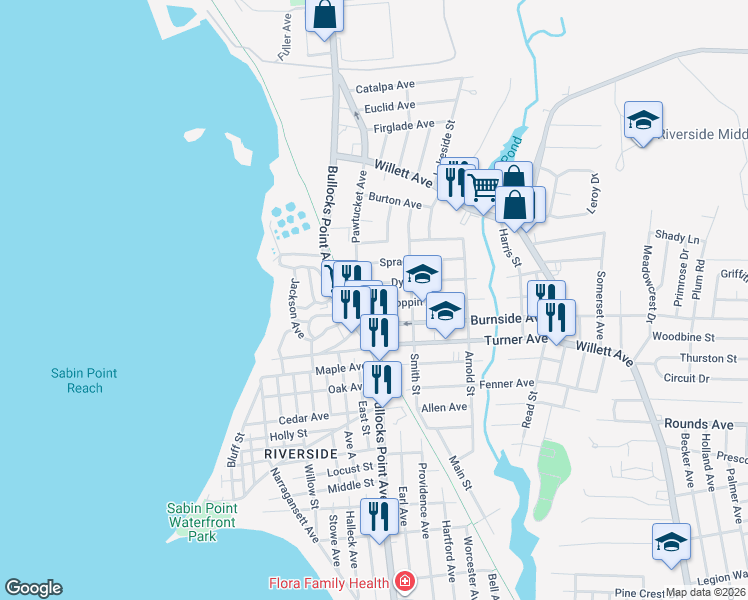 map of restaurants, bars, coffee shops, grocery stores, and more near 6 Hoppin Avenue in East Providence