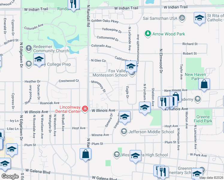 map of restaurants, bars, coffee shops, grocery stores, and more near 1317 Monomoy Street in Aurora