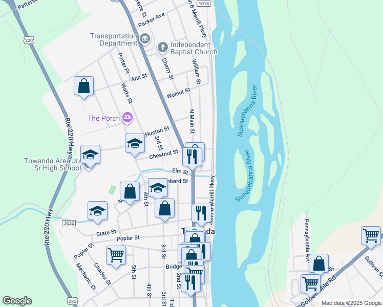 map of restaurants, bars, coffee shops, grocery stores, and more near 15 North Main Street in Towanda