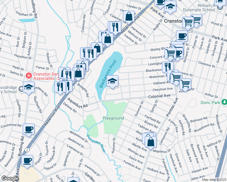 map of restaurants, bars, coffee shops, grocery stores, and more near 180 Oakland Avenue in Cranston