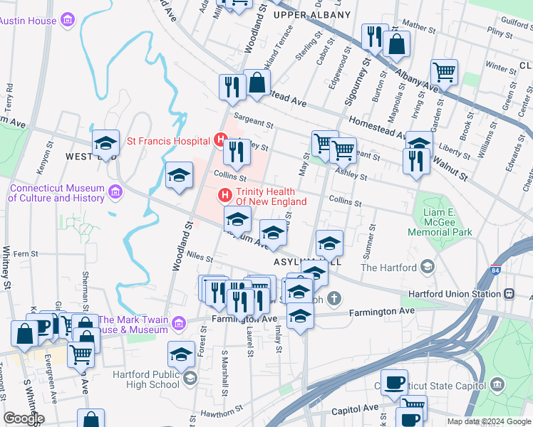 map of restaurants, bars, coffee shops, grocery stores, and more near 28-30 Townley Street in Hartford