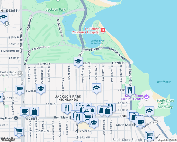 map of restaurants, bars, coffee shops, grocery stores, and more near 6736 South Clyde Avenue in Chicago