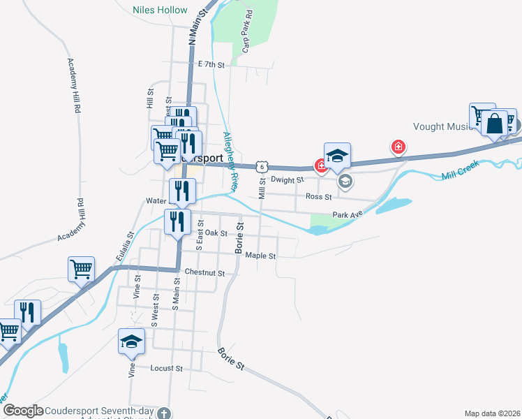 map of restaurants, bars, coffee shops, grocery stores, and more near 400 Park Avenue in Coudersport