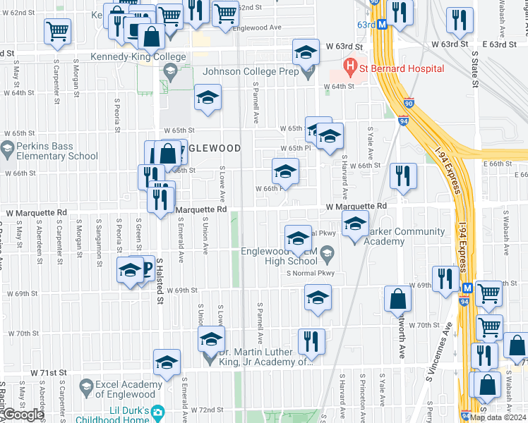 map of restaurants, bars, coffee shops, grocery stores, and more near 6716 South Normal Boulevard in Chicago