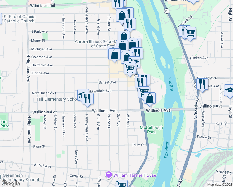 map of restaurants, bars, coffee shops, grocery stores, and more near 736 Oak Avenue in Aurora