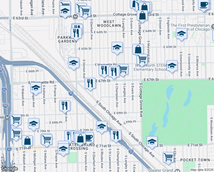 map of restaurants, bars, coffee shops, grocery stores, and more near 6718 South Saint Lawrence Avenue in Chicago