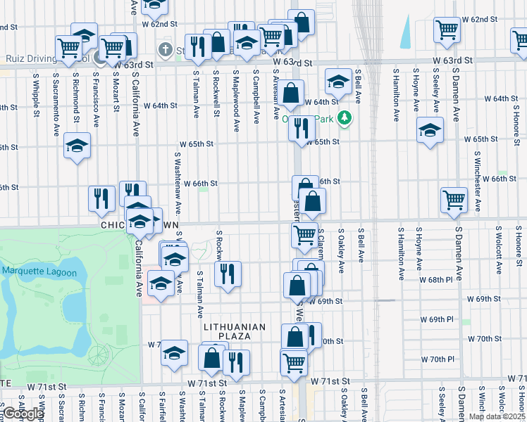map of restaurants, bars, coffee shops, grocery stores, and more near 6645 South Campbell Avenue in Chicago