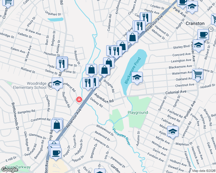 map of restaurants, bars, coffee shops, grocery stores, and more near 24 Crossway Road in Cranston