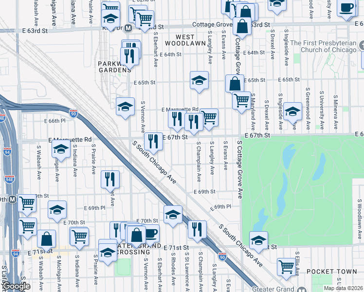 map of restaurants, bars, coffee shops, grocery stores, and more near 6735 South Saint Lawrence Avenue in Chicago