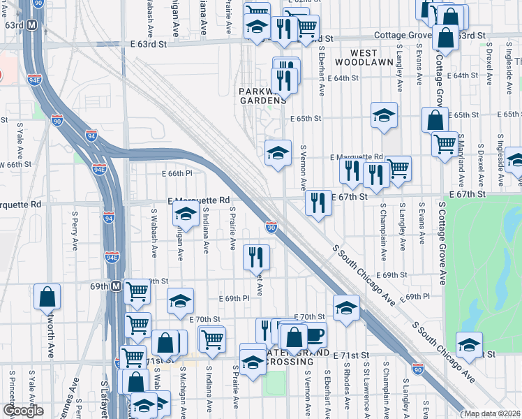map of restaurants, bars, coffee shops, grocery stores, and more near 6701 South Calumet Avenue in Chicago
