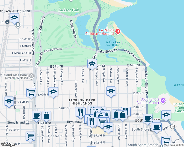 map of restaurants, bars, coffee shops, grocery stores, and more near 6731 South Jeffery Boulevard in Chicago