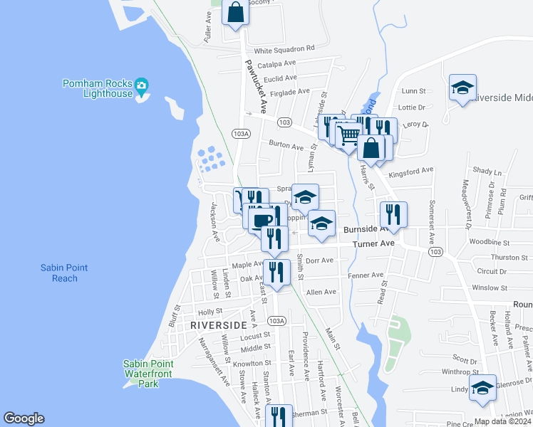 map of restaurants, bars, coffee shops, grocery stores, and more near 240 Bullocks Point Avenue in East Providence