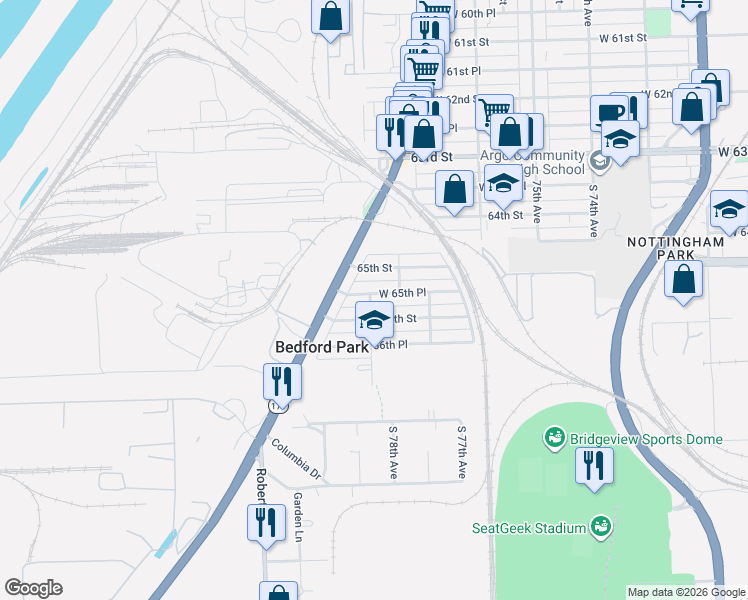 map of restaurants, bars, coffee shops, grocery stores, and more near 7724 66th Street in Bedford Park