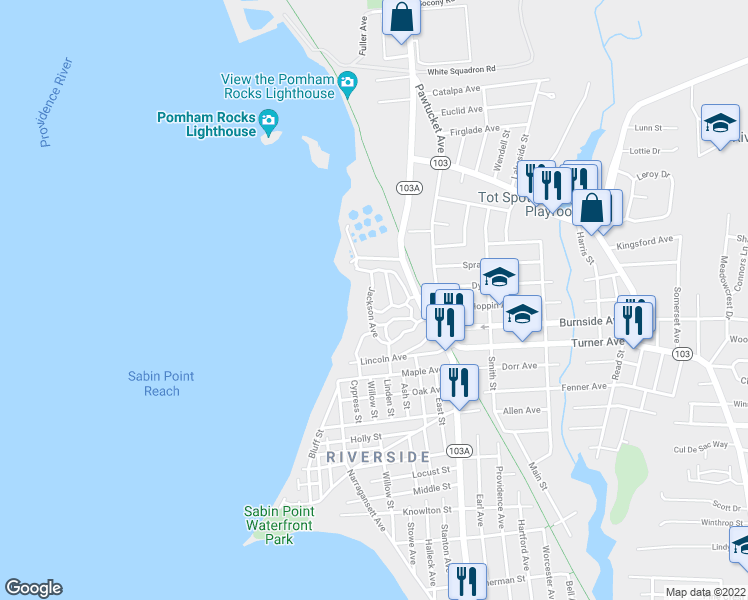 map of restaurants, bars, coffee shops, grocery stores, and more near 32 Jackson Avenue in East Providence