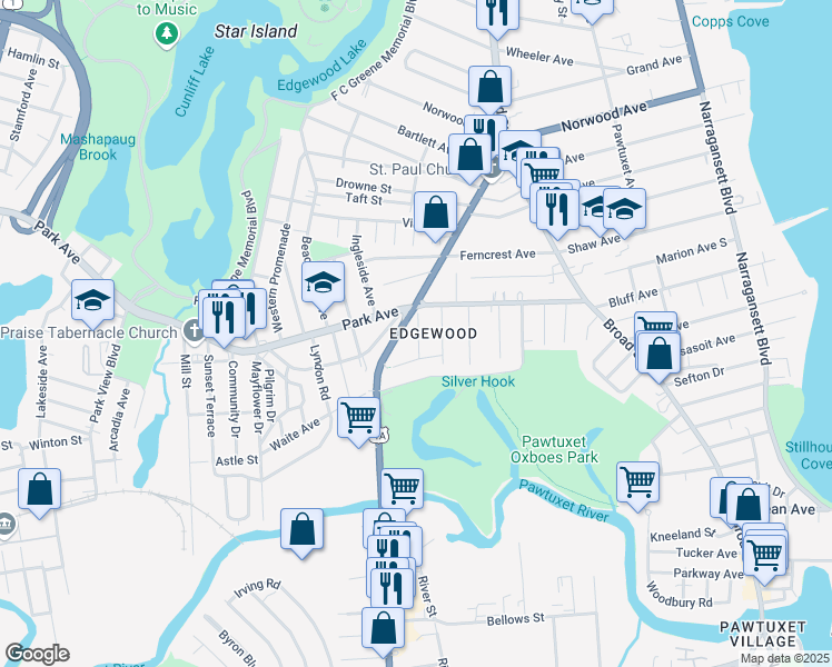 map of restaurants, bars, coffee shops, grocery stores, and more near 190 Warwick Avenue in Cranston