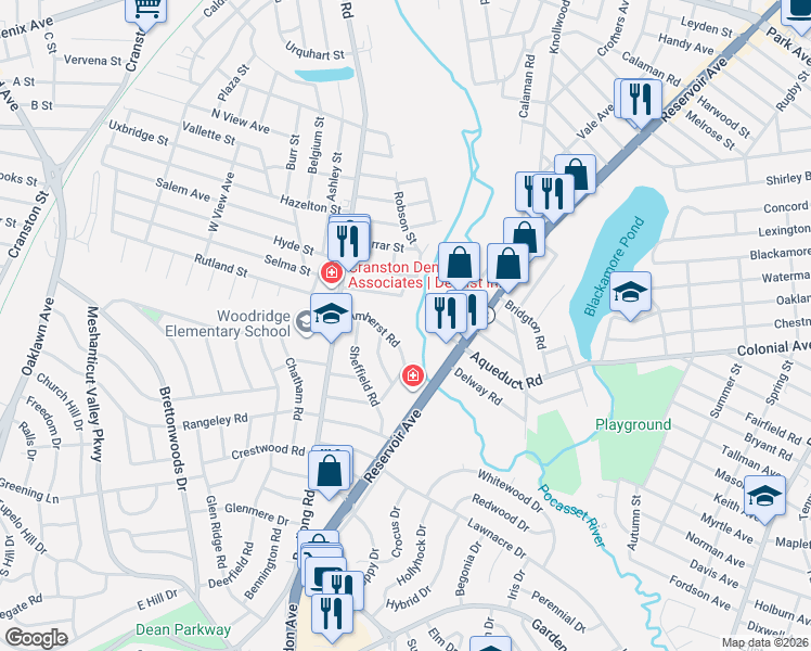 map of restaurants, bars, coffee shops, grocery stores, and more near 43 Lenox Road in Cranston