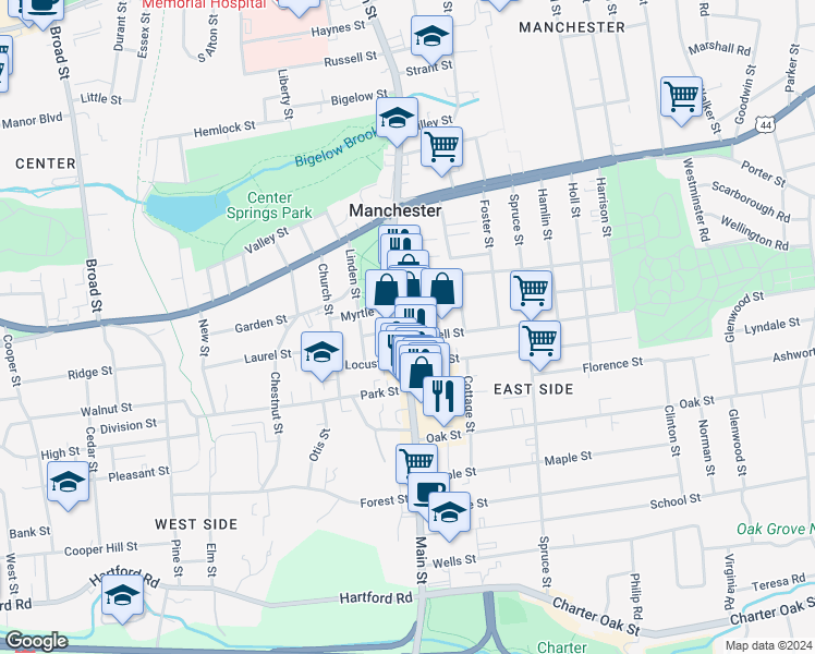map of restaurants, bars, coffee shops, grocery stores, and more near 745 Main Street in Manchester
