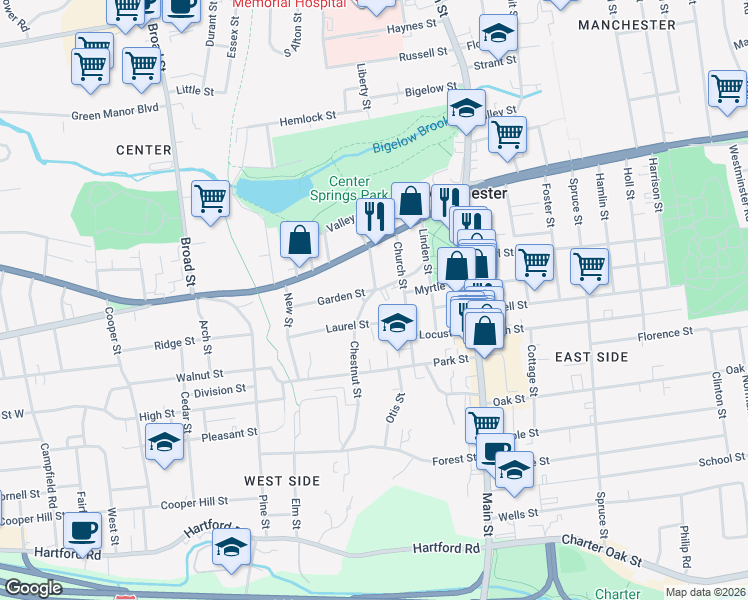 map of restaurants, bars, coffee shops, grocery stores, and more near 23 Laurel Street in Manchester