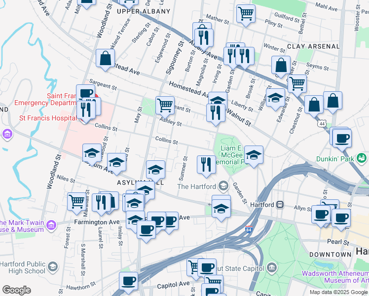 map of restaurants, bars, coffee shops, grocery stores, and more near 79 Sumner Street in Hartford