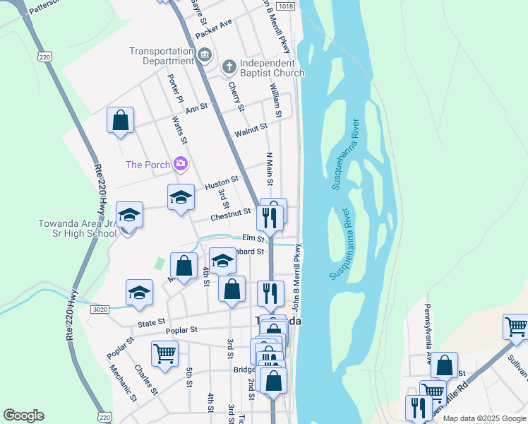 map of restaurants, bars, coffee shops, grocery stores, and more near 1-15 North Main Street in Towanda