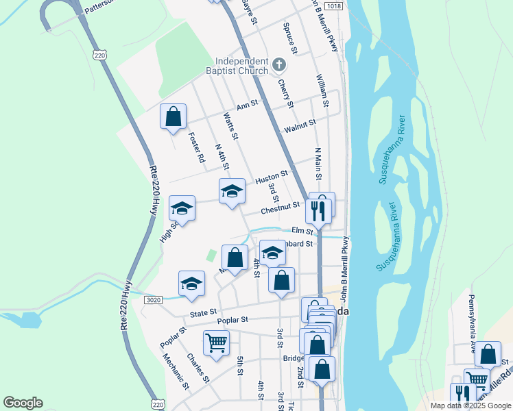 map of restaurants, bars, coffee shops, grocery stores, and more near 215 Chestnut Street in Towanda